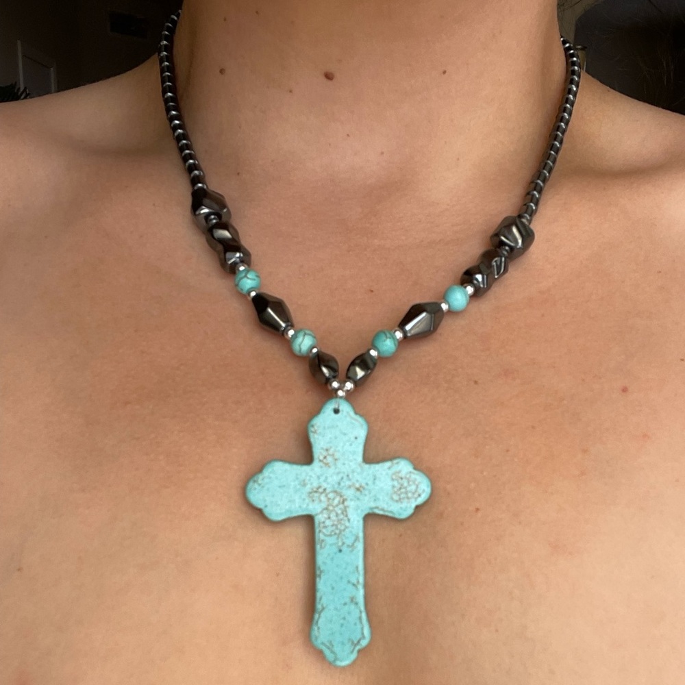 handmade Greek turquoise cross necklace